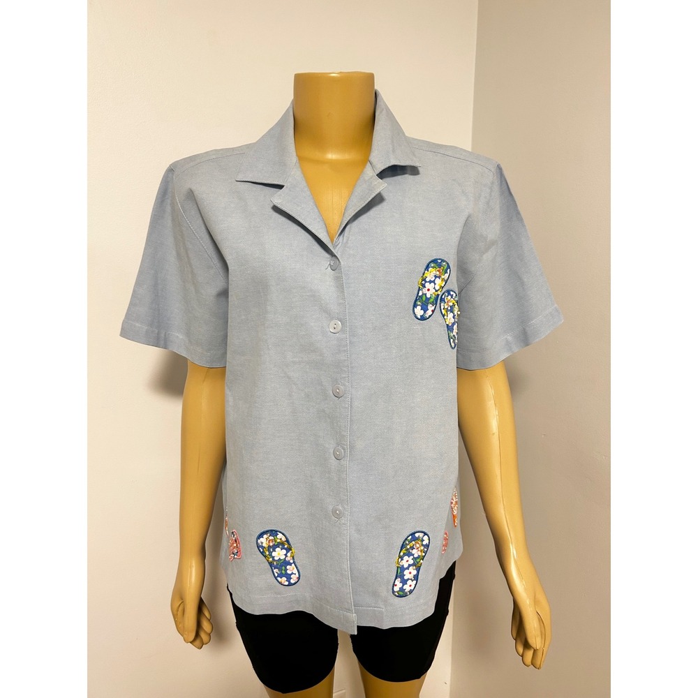 Vintage y2k Jane Ashley Blue Cotton Flip Flop Embroidered Sequin Camp Shirt L